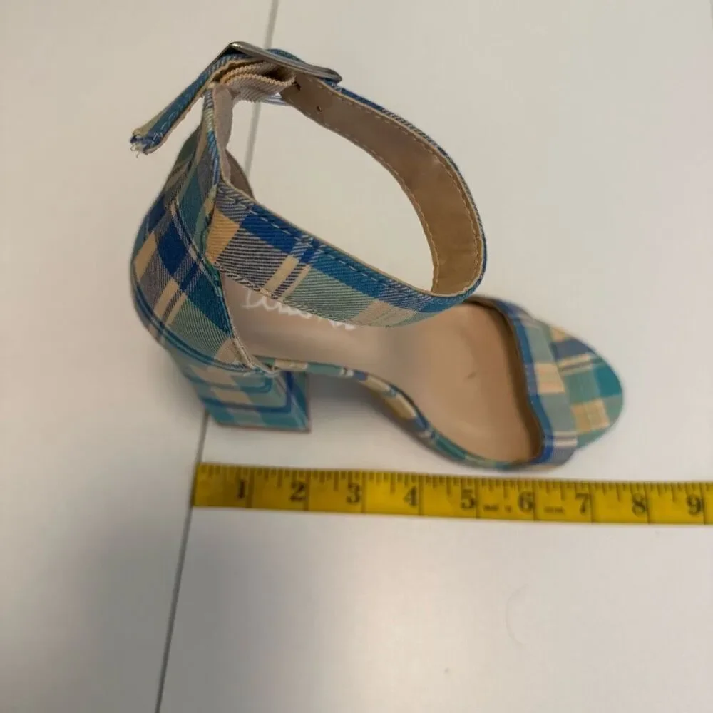 Dolls Kill Mojito Just Flawless Blue & Yellow Plaid Block Heel Sandals Sz 5/6